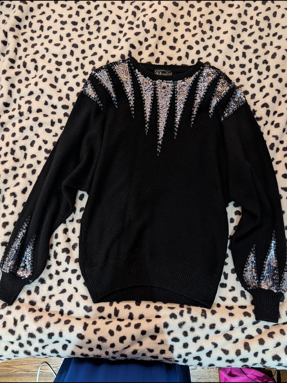 Vintage Rochelle California Blk Silk/Rabbit & Lamb Wool Sequin WBeads Sweater 1X